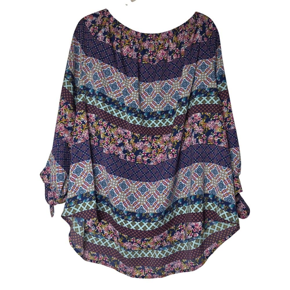 Hannah Plus Size Patchwork Floral Blouse 2X Blue Pink Boho Tie Sleeve Top - Picture 3 of 10